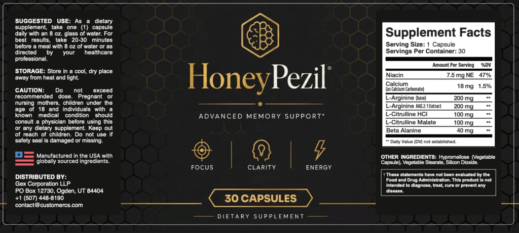 HoneyPezil supplement facts label